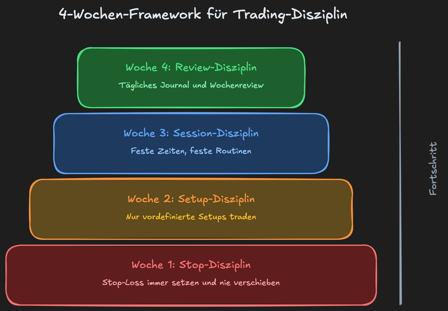 4-Wochen-Framework: Stop-Disziplin, Setup-Disziplin, Session-Disziplin, Review-Disziplin