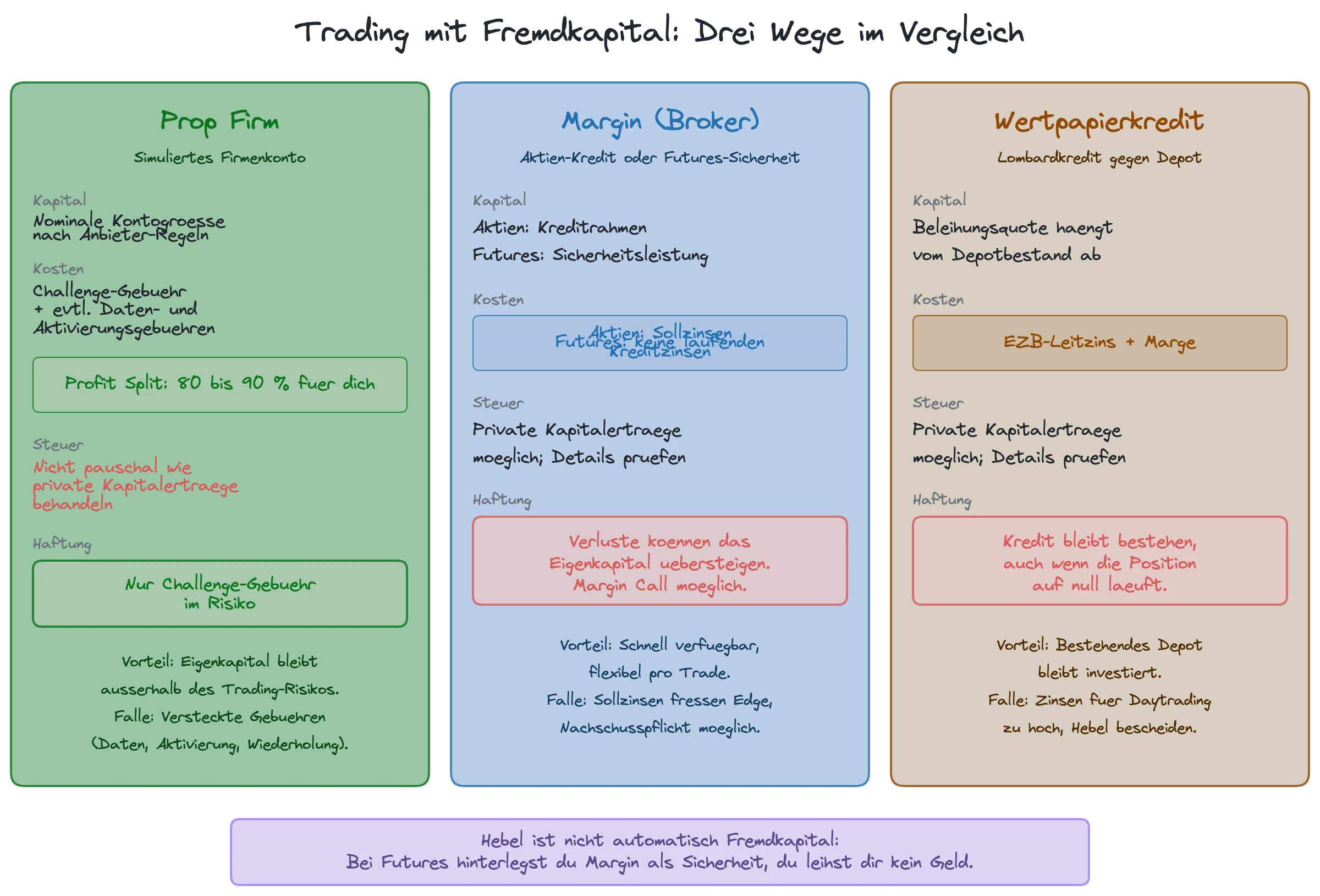 Trading mit Fremdkapital: Vergleich von Prop Firm, Margin und Wertpapierkredit nach Kapital, Kosten, Steuer und Haftung
